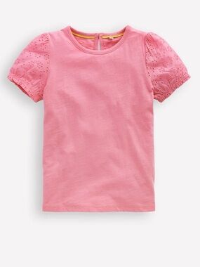 Mini Boden girls Broderie Mix Tee pink bubblegum eyelet puff sleeves 12-13 years